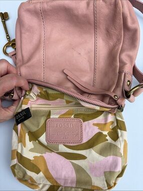 Fossil Vintage Pink Leather Crossbody Organizer Bag with Brass Key Charm